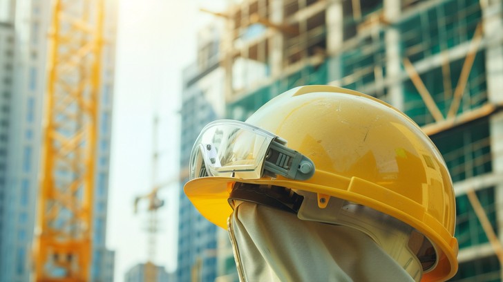 A close-up view of a yellow safety helmet with safety goggles at a construction site.