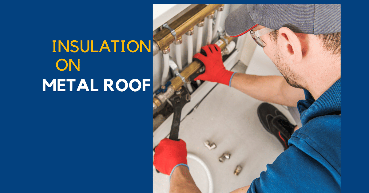 Worker installing foam board insulation on a metal roof.