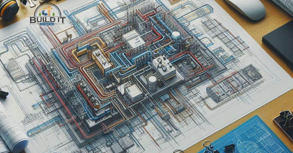 Various types of MEP drawings displayed on a desk.