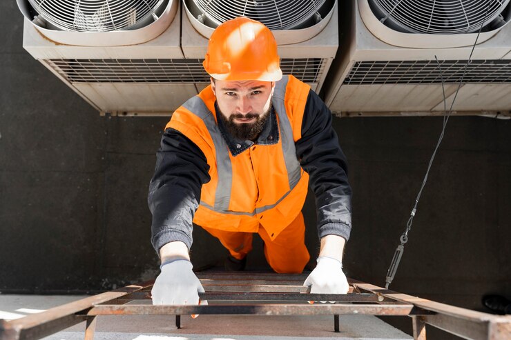 man holding the ladder and move upword for Air Duct Repair