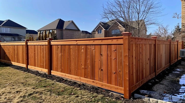 freshly installed wooden fence in a suburban backyard, showcasing a neat and robust structure that defines property boundaries.