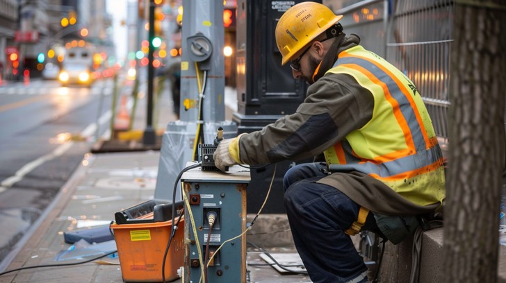 A focused construction worker, wearing a yellow hard hat and reflective vest, repairs outdoor gutter estimating services