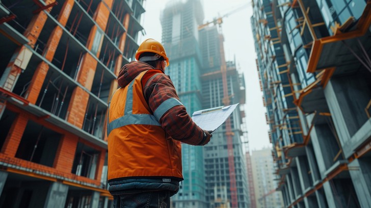 A construction worker in high-visibility clothing stands assessing plans at a foggy urban construction site and calculate Home Building Cost Estimator