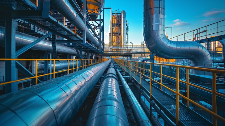 Large industrial piping estimating dominates the foreground, leading to a complex of steel structures under a blue sky.