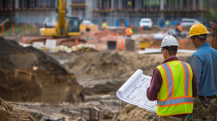 Two construction workers in hard hats are discussing project plans at a busy construction site from Quantity Takeoff Software