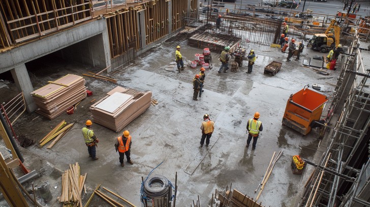 Workers in safety vests and helmets are actively engaged in construction activities at a bustling site for Sitework estimating