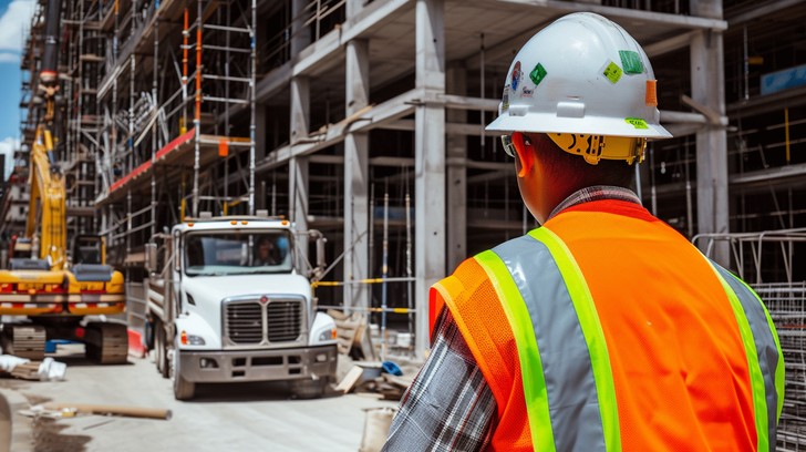 A construction worker observes the bustling activity on a busy construction site with cranes and trucks