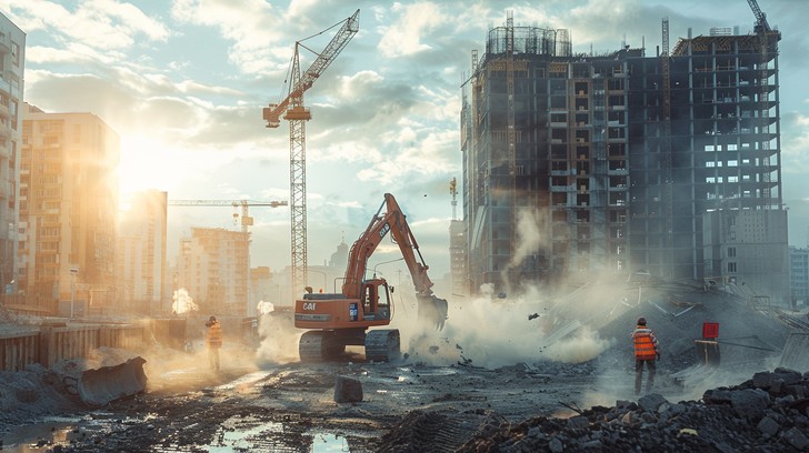 A bustling construction site filled with equipment and workers during an active demolition under a sunset.