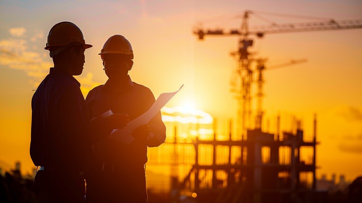 Two construction workers discussing plans of dedicated construction estimator at a building site during a beautiful orange sunset