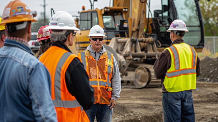 A group of construction workers wearing safety vests and helmets discuss plans of lumber takeoff at a construction site.